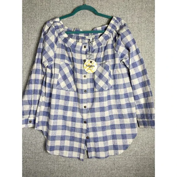 NWT Hayden LA Blue White Plaid Gingham Off Cold Shoulder Button Down Shirt LARGE - Picture 1 of 4